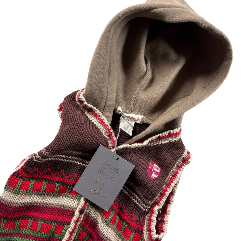 Deux par Deux Knit Hooded Vest Kids 3 Brown Red New Fair Isle Cotton Sweater